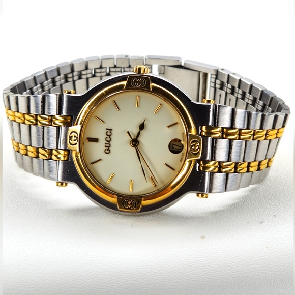 Authentic Gucci Watch 9000M Dial Quartz Two-Tone Link Date Watch - Picture 1 of 16
